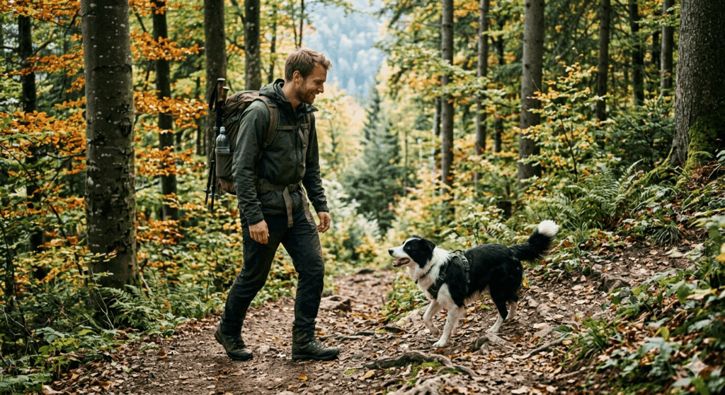 Border Collie beim Wandern im Wald Beste Hunderassen für Wanderer 2026