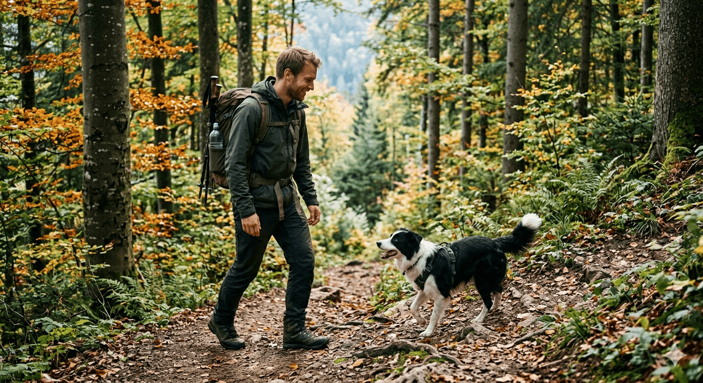 Border Collie beim Wandern im Wald Beste Hunderassen für Wanderer 2026
